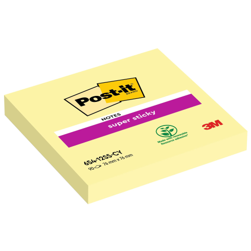 BLOCCO 90foglietti Post-itÂ® Super Sticky Giallo Canary 76x76mm 654-12SS-CY